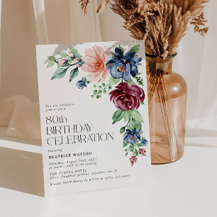Convites Elegante Floral Aquarela para 80º Aniversário