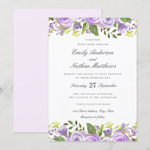 Convites Elegante Floral Aquarela Roxo Casamento