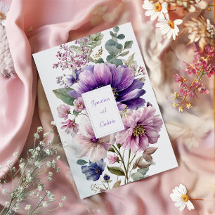 Convites Elegante Floral Aquarela Roxo Rosa Azul