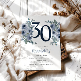 Convites Elegante Floral Azul Aniversário de 30 anos