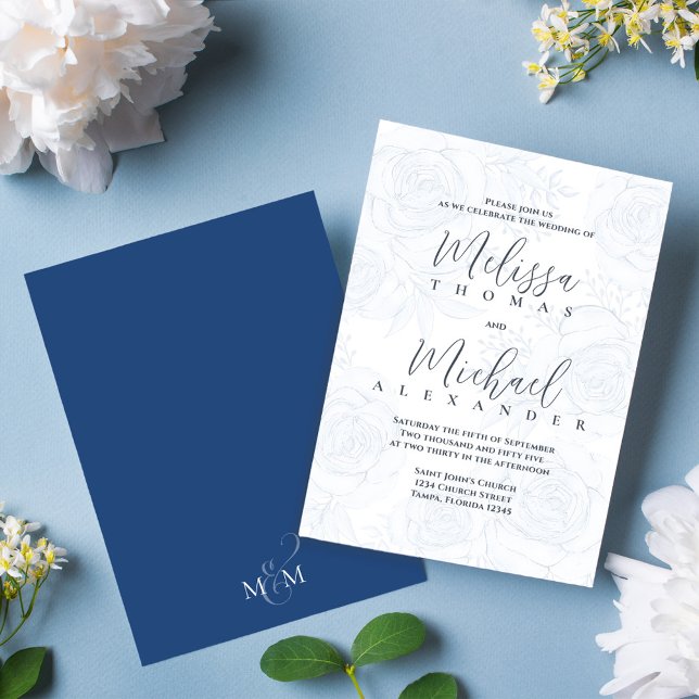 Convites Elegante Floral Azul Caligrafia Script Rosa (Elegant wedding invitation with blue calligraphy script and block lettering. )
