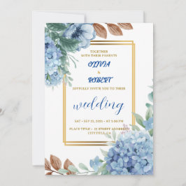 Convites Elegante floral azul com moldura dourada