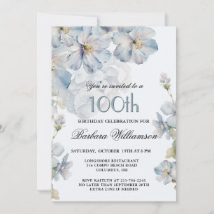Convites Elegante Floral Azul em Aquarela para 100º Anivers