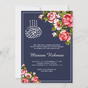 Convites Elegante Floral Azul Meia-Noite Bebê Menina Aqiqah