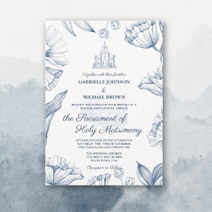 Convites Elegante Floral Azul Missa Nupcial de Casamento na