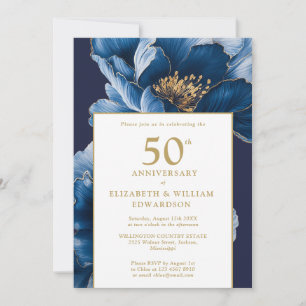 Convites Elegante Floral Azul Moderno 50º Aniversário