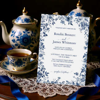 Convites Elegante Floral Azul Poeirento Chinesice Clássico