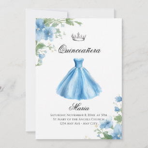 Convites Elegante Floral Azul Quinceañera Aquarela