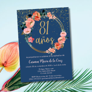 Convites Elegante Floral Azul Rosa Espanhol Aniversário de