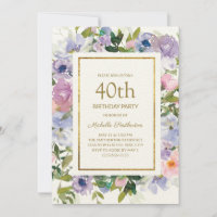 Elegante Floral Azul Roxo Dourado 40º Aniversário