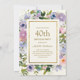 Convites Elegante Floral Azul Roxo Dourado 40º Aniversário