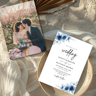 Convites Elegante Floral Azul Vintage Francês Foto Casament