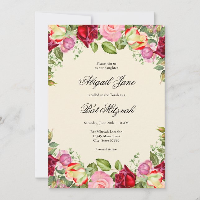 Convites Elegante Floral Bat Mitzvah (Frente)