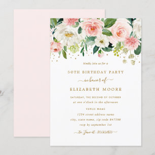 Convites Elegante Floral Bege Dourado Aniversário de 50 ano