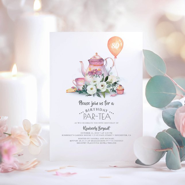 Convites Elegante Floral Birthday Par tea (Elegant birthday invitations "Par-Tea" for tea tasting simple casual and relaxed celebrations)