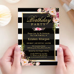 Convites Elegante Floral Black White Stripes Festa de anive<br><div class="desc">Crie seu convite perfeito com este modelo pré-projetado, você pode personalizá-lo facilmente para ser exclusivamente seu. Para mais personalização, clique no link "personalizar mais" e use nossa ferramenta de design fácil de usar para modificar este modelo. Se você preferir papéis mais espessos / Término da Matriz, talvez considere escolher o...</div>