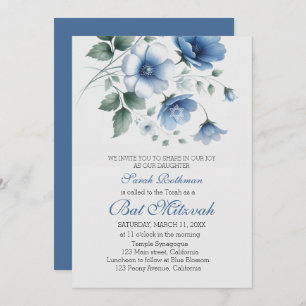 Convites Elegante Floral Blue Girl Bat Mitzvah