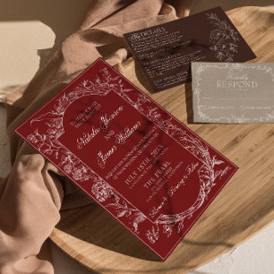 Convites Elegante Floral Boêmio Botânico Casamento Borgonha
