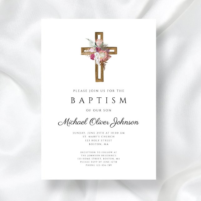Convites Elegante Floral Boho Cruz Batismo  (Elegant Floral Boho Cross Baptism Invitation)