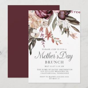 Convites Elegante Floral Boho Vintage Burgundy Dia das Mães