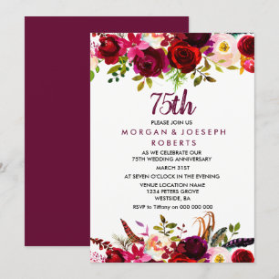 Convites Elegante Floral Borgonha Aniversário de Casamento 