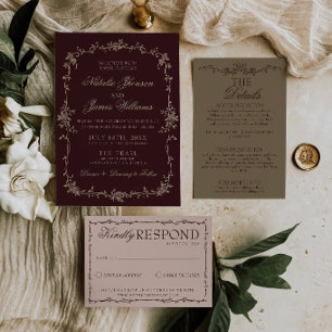 Convites Elegante Floral Borgonha Old Money Boho Chic Casam