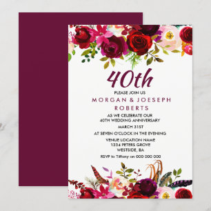 Convites Elegante Floral Borgonha para 40º Aniversário de C