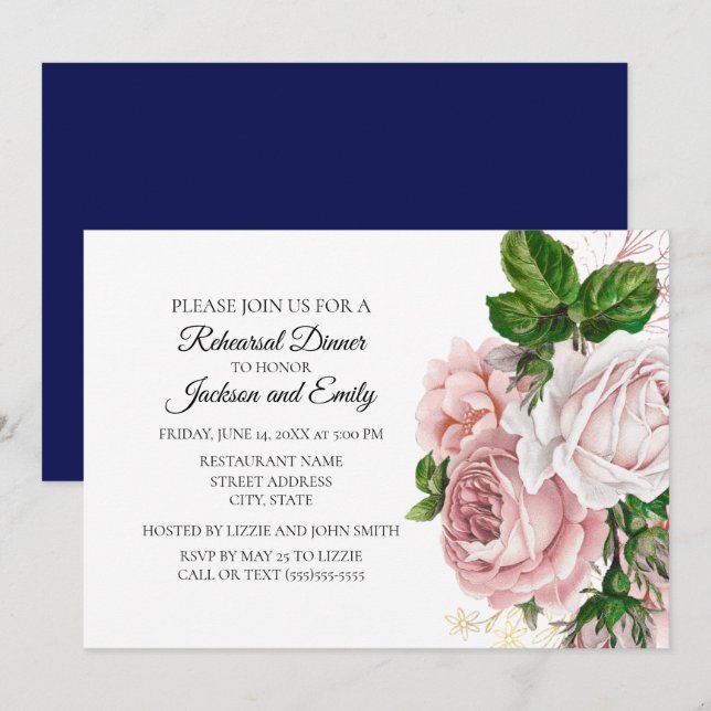 Convites Elegante floral botânica rosa azul marinho branco  (Frente/Verso)