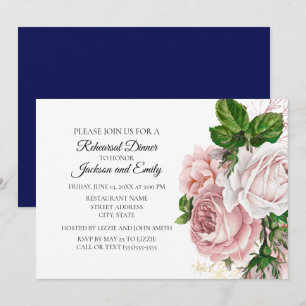Convites Elegante floral botânica rosa azul marinho branco