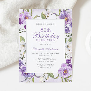 Convites Elegante Floral Botânico Roxo Aniversário de 80 an