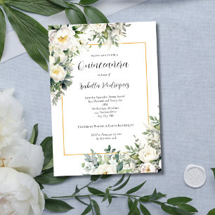 Convites Elegante Floral Branco com Borda Dourada Quinceañe