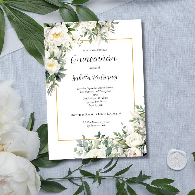 Convites Elegante Floral Branco com Borda Dourada Quinceañe (Elegant White Floral with Gold Border Quinceanera Invitation)