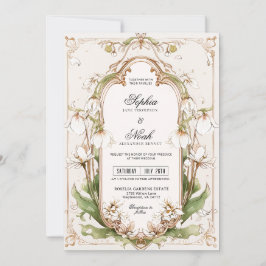 Convites Elegante Floral Branco em Verde Sage Art Nouveau