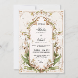 Convites Elegante Floral Branco em Verde Sage Art Nouveau