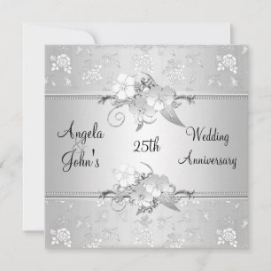 Convites Elegante Floral Branco Prata de Aniversário de 25