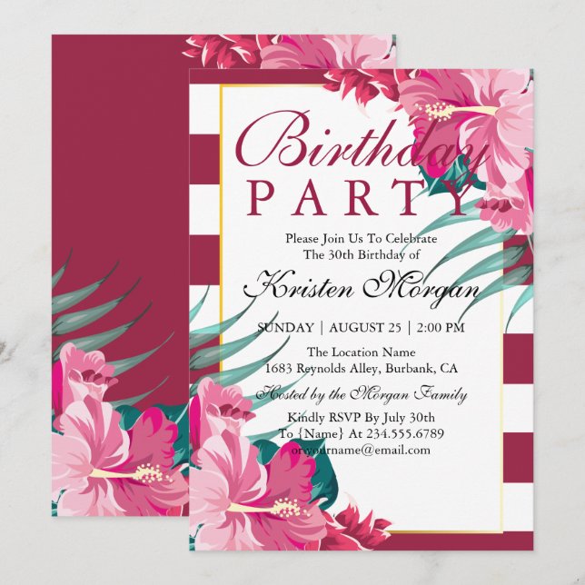 Convites Elegante Floral Burgundy striped Birthday (Frente/Verso)