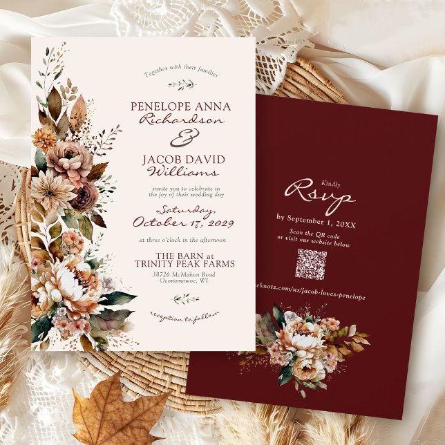 Convites Elegante Floral Caída Burgundy Boho Casamento Outo (Elegant watercolor Fall floral burgundy ivory terracotta rustic Autumn QR code wedding invitation)