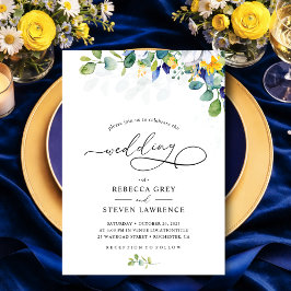 Convites Elegante floral casamento em aquarela amarela e az