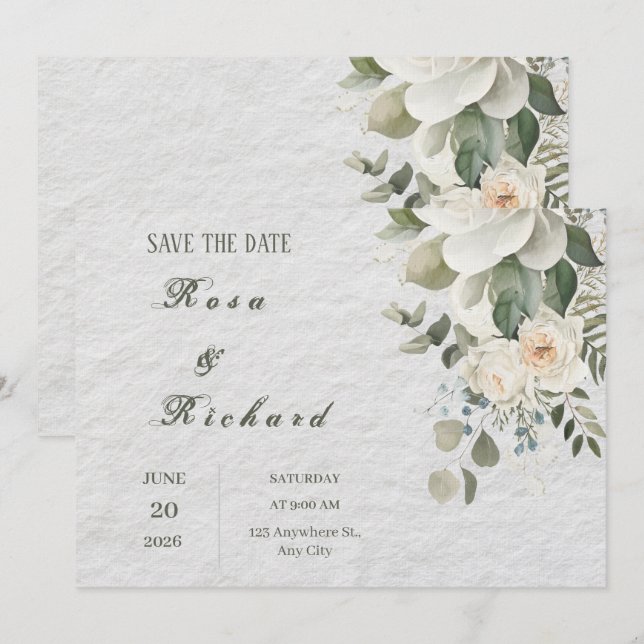 Convites Elegante Floral Casamento Save the Date (Frente/Verso)