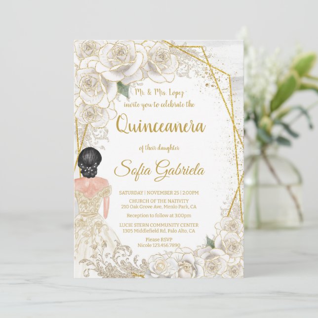 Convites Elegante Floral Champanhe Vintage Dourado Quinceañ (Em pé/Frente)