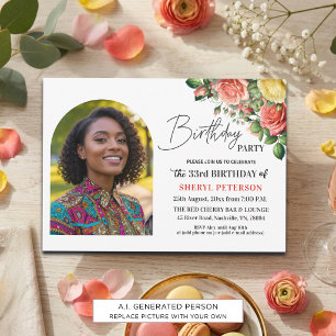 Convites Elegante Floral com Foto Aniversário de 33 anos