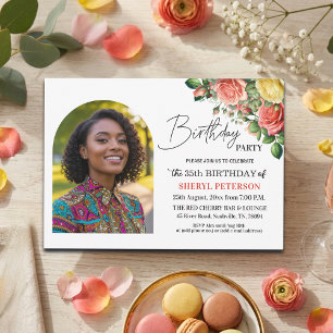Convites Elegante Floral com Foto Aniversário de 35 anos 
