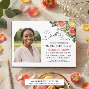 Convites Elegante Floral com Foto Aniversário de 39 anos