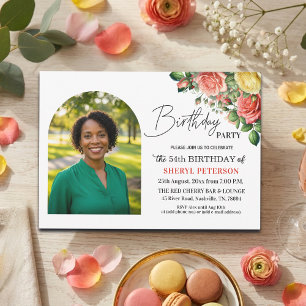Convites Elegante Floral com Foto Aniversário de 54 anos 