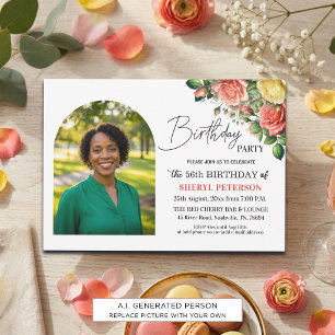 Convites Elegante Floral com Foto Aniversário de 56 anos