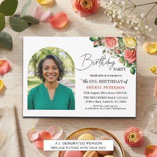 Convites Elegante Floral com Foto Aniversário de 67 anos 