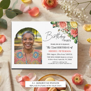 Convites Elegante Floral com Foto Aniversário de 72 anos