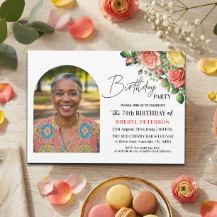 Convites Elegante Floral com Foto Aniversário de 74 anos 