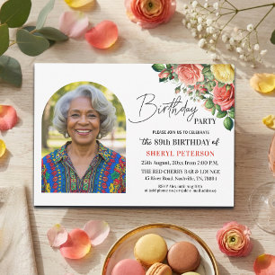 Convites Elegante Floral com Foto Aniversário de 89 anos 