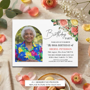Convites Elegante Floral com Foto Aniversário de 90 anos 